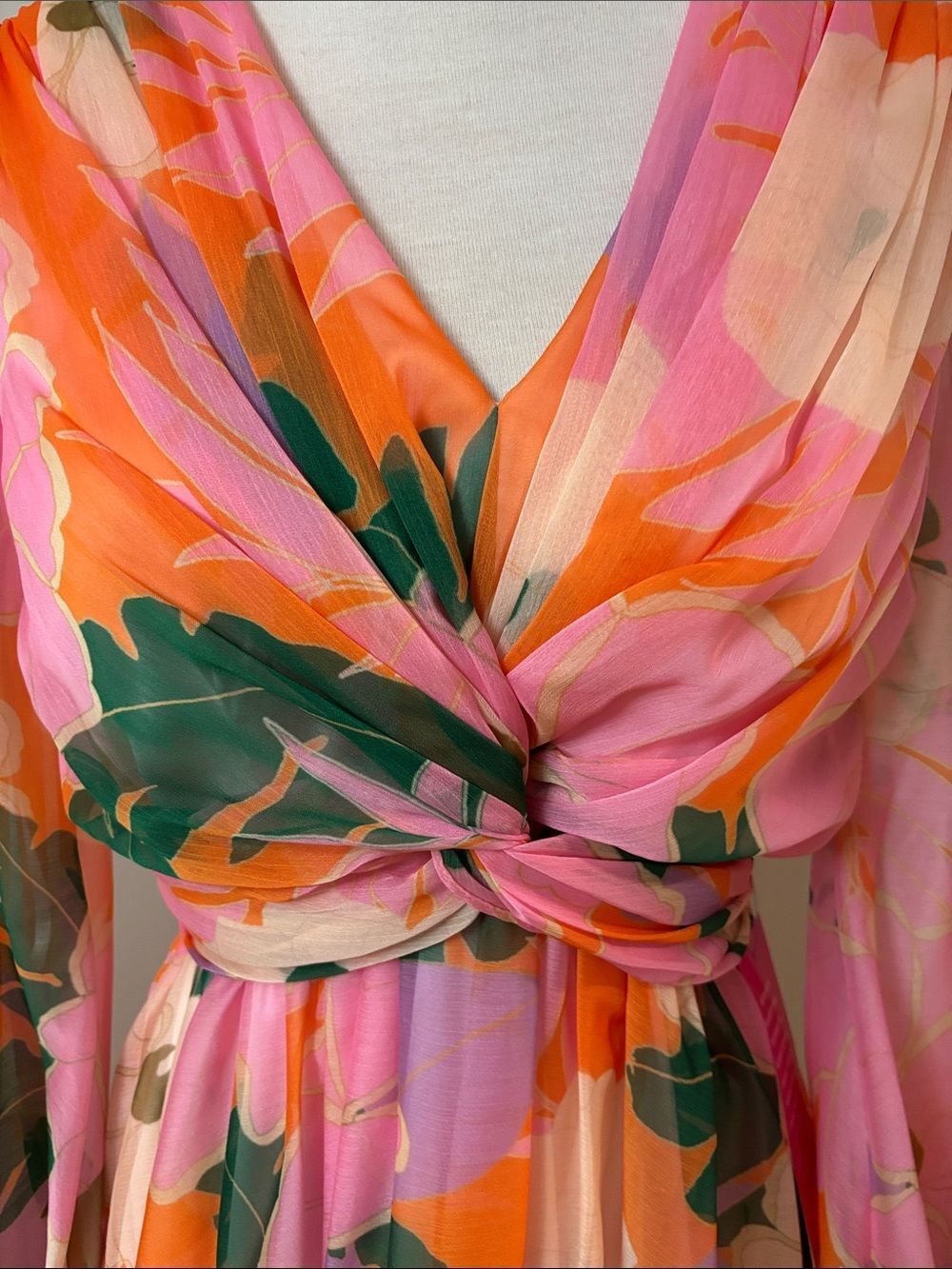 Alex Marie Floral Chiffon Twist-Front Mini Dress in Pink & Orange 6 - Picture 2 of 7